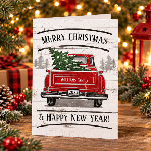 Vintage Red Truck with Christmas Tree Family Name Holiday Card