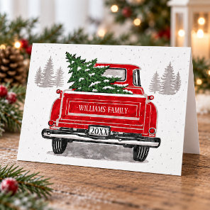 Vintage Red Truck with Christmas Tree Family Name Holiday Card