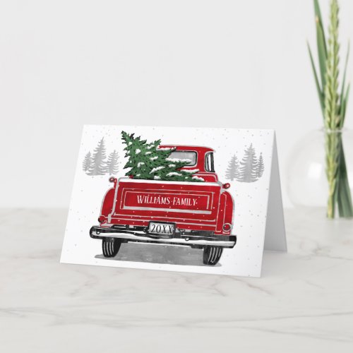 Vintage Red Truck with Christmas Tree Family Name Holiday Card