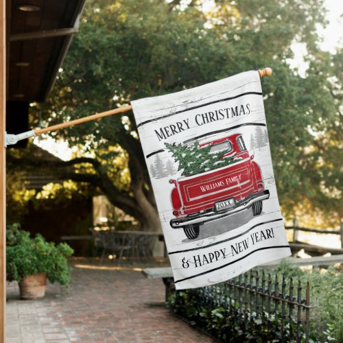 Vintage Red Truck with Christmas Tree Family Name House Flag