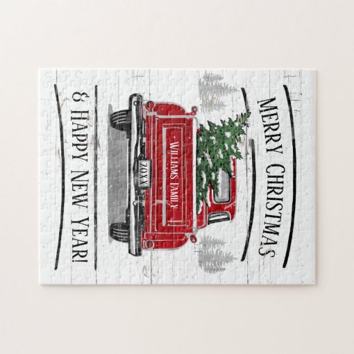 Vintage Red Truck with Christmas Tree Family Name Jigsaw Puzzle | Zazzle
