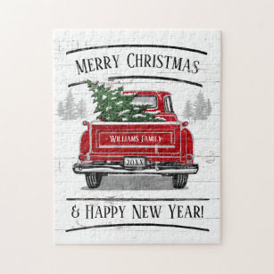 Vintage Red Truck with Christmas Tree Family Name Jigsaw Puzzle