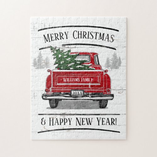Vintage Red Truck with Christmas Tree Family Name Jigsaw Puzzle