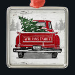Vintage Red Truck with Christmas Tree Family Name Metal Ornament<br><div class="desc">For your own Chirstmas tree or a gift this rustic holiday ornament features a vintage red truck with Christmas tree on a white weathered wood background with pine trees. Above the truck it reads "Merry Christmas" and below "& Happy New Year". The back of the truck has your family name...</div>