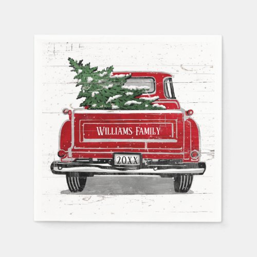Vintage Red Truck with Christmas Tree Family Name Napkins