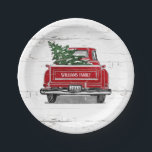 Vintage Red Truck with Christmas Tree Family Name Paper Plates<br><div class="desc">These personalized paper plates will add a touch of rustic to your holiday celebrations. This design features a vintage red truck with Christmas tree on a white weathered wood background with pine trees. The back of the truck has your family name and year to customize. Designed by world renowned artist...</div>