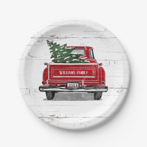 Vintage Red Truck with Christmas Tree Family Name Paper Plates