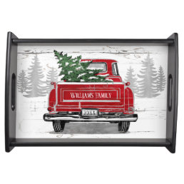 Vintage Red Truck with Christmas Tree Family Name Serving Tray