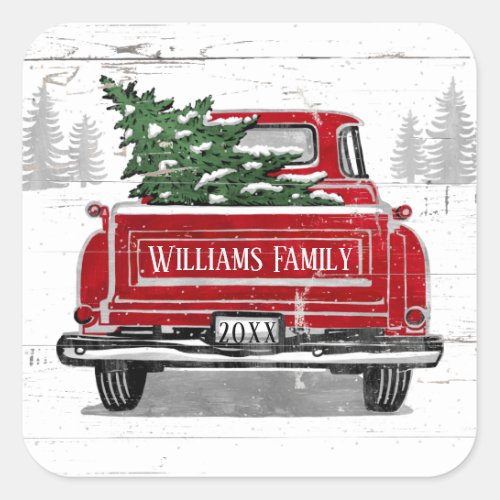 Vintage Red Truck with Christmas Tree Family Name Square Sticker