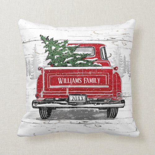Vintage Red Truck with Christmas Tree Family Name Throw Pillow
