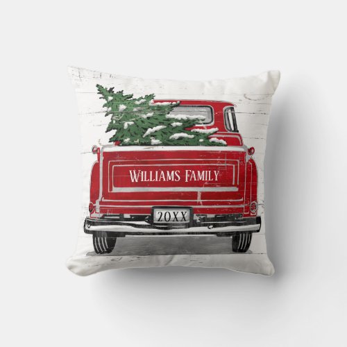 Vintage Red Truck with Christmas Tree Family Name Throw Pillow