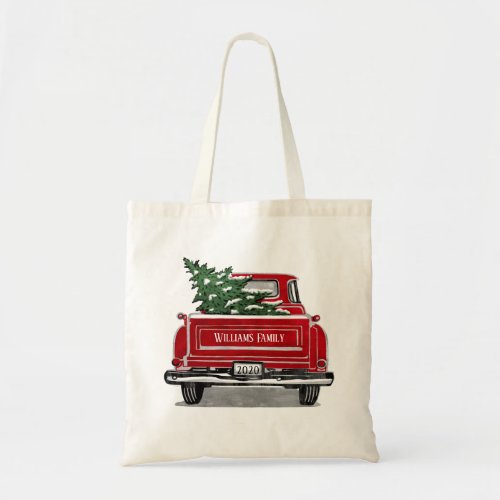 Vintage Red Truck with Christmas Tree Family Name Tote Bag