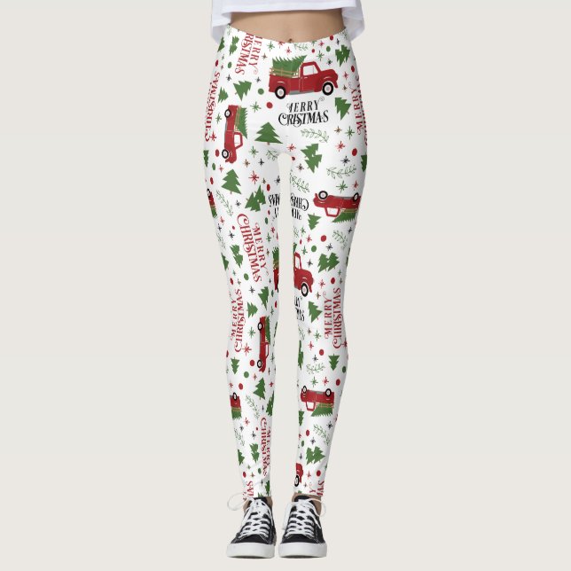 Vintage Red Truck with Christmas Tree Leggings (Front)