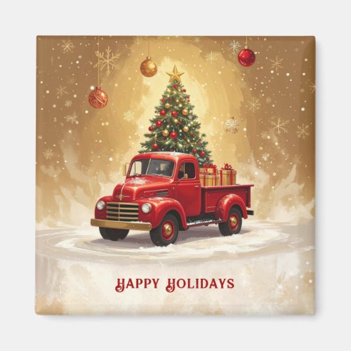 Vintage Red Truck with Christmas Tree Magnet