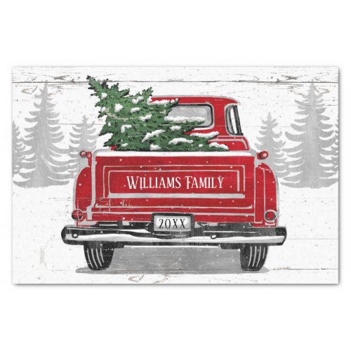 Vintage Red Truck with Christmas Tree Name Tissue Paper