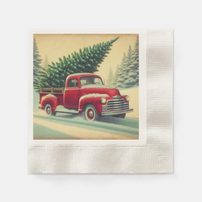 Vintage red truck with Christmas tree Napkins (Front)