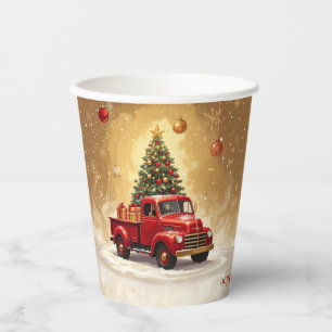 Vintage Red Truck with Christmas Tree Paper Cups