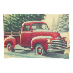 Vintage red truck with Christmas tree Pillow Case