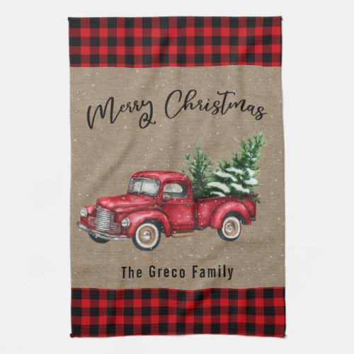 Vintage Red Truck with Christmas Tree Plaid Family Kitchen Towel