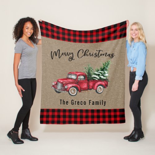 Vintage Red Truck with Christmas Tree Plaid Name  Fleece Blanket