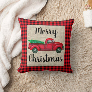Vintage Red Truck With Christmas Tree Plaid Pillow