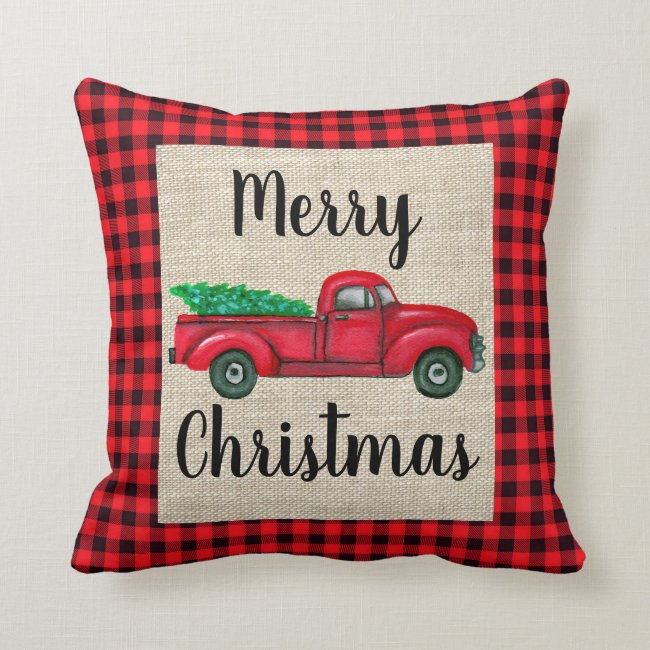 Vintage Red Truck With Christmas Tree Plaid Pillow
