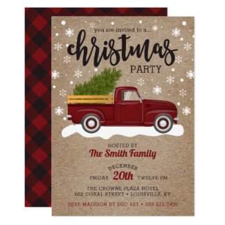 Vintage Red Truck With Christmas Tree Retro Party Invitation