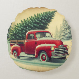 Vintage red truck with Christmas tree Round Pillow