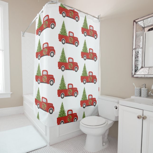Vintage Red Truck with Christmas Tree Shower Curtain (In Situ)