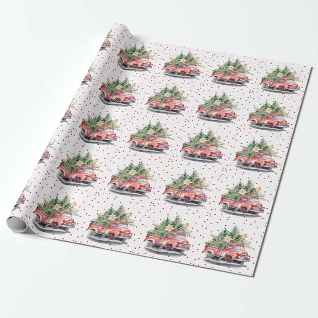 Vintage  red truck with Christmas tree   Wrapping Paper (Unrolled)