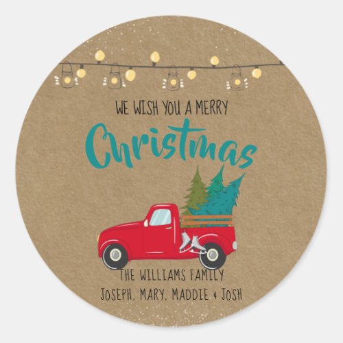 Vintage Red Truck with Christmas Trees on Kraft Classic Round Sticker