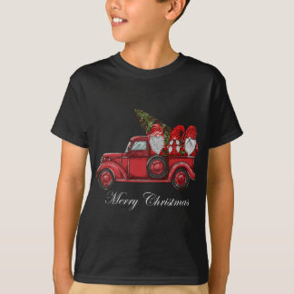 Vintage Red Truck With Three Gnomes Merry Christma T-Shirt
