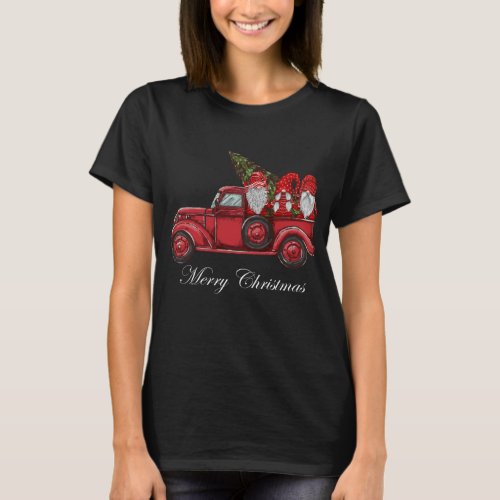 Vintage Red Truck With Three Gnomes Merry Christma T_Shirt