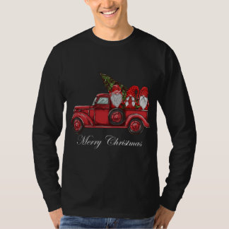 Vintage Red Truck With Three Gnomes Merry Christma T-Shirt