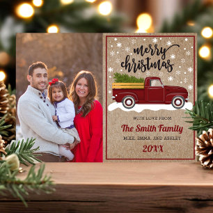 Vintage Red Truck With Tree Christmas Photo Holiday Card