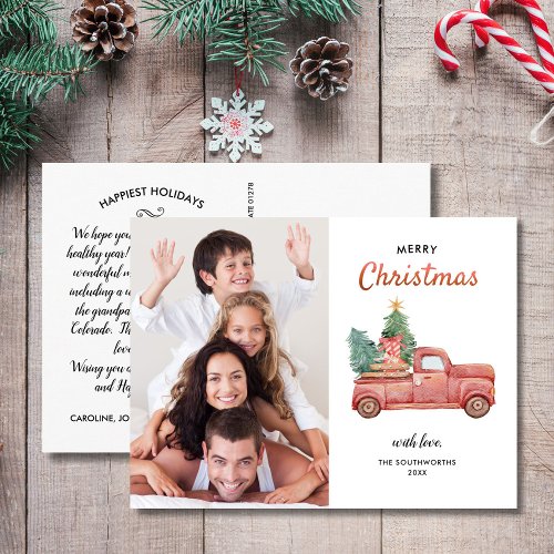 Vintage Red Truck with Tree Merry Christmas Photo Postcard
