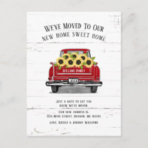 Vintage Red Truck Yellow Sunflower Floral Moving Announcement Postcard