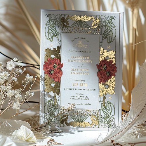 Vintage Red Tulpis  Gold Wedding Art Nouveau Foil Invitation