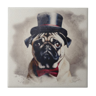 Vintage Red Tux Pug Portrait Ceramic Tile
