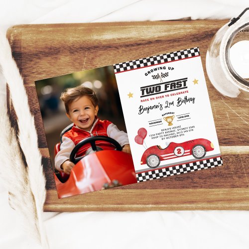 Vintage Red Two Fast Race Car 2nd Birthday Photo Invitation