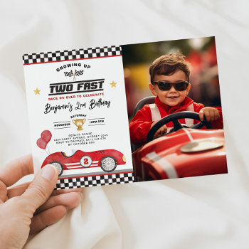 Vintage Red Two Fast Race Car Birthday Photo Invitation by BlueBunnyStudio at Zazzle