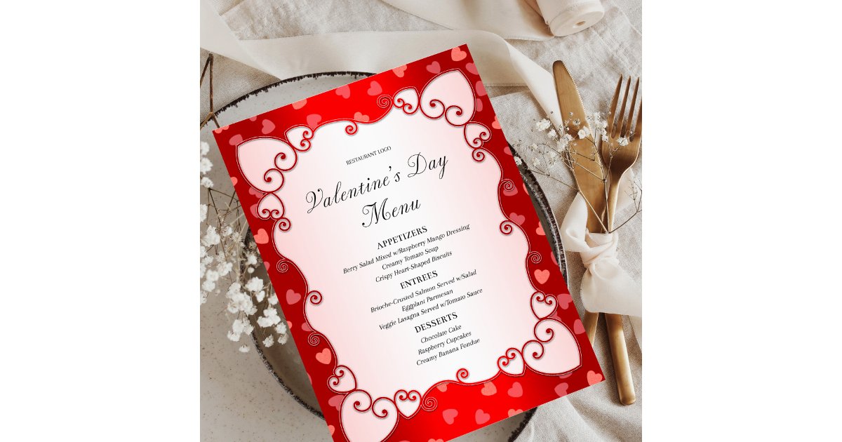 Heart Border Menu Vintage Red Valentine's Day Pink Hearts Border Menu | Zazzle