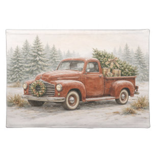 Vintage Red Watercolor Christmas Truck with Tree Cloth Placemat