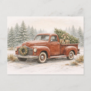 Vintage Red Watercolor Christmas Truck with Tree Holiday Postcard