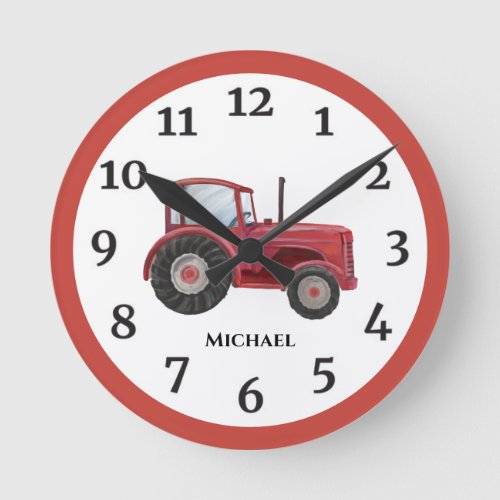 Vintage Red Watercolor Farm Tractor Round Clock
