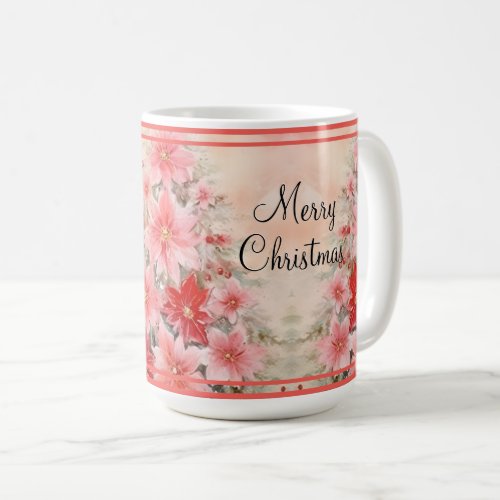 Vintage Red Watercolor Poinsettia Christmas Tree Coffee Mug