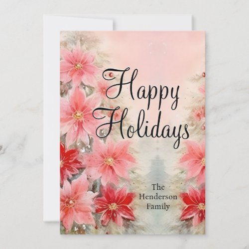 Vintage Red Watercolor Poinsettia Christmas Tree Holiday Card