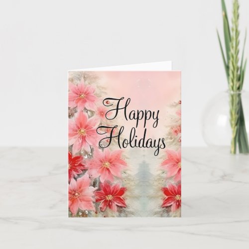 Vintage Red Watercolor Poinsettia Christmas Tree Holiday Card