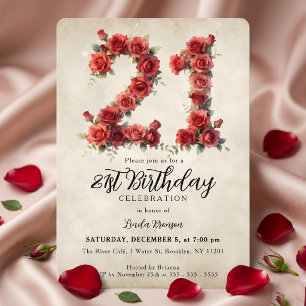 Vintage Red Watercolor Rose 21st Birthday Party Invitation