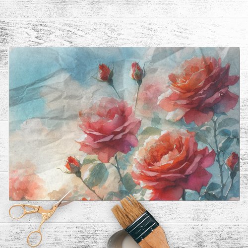 Vintage Red Watercolor Roses Decoupage Tissue Paper